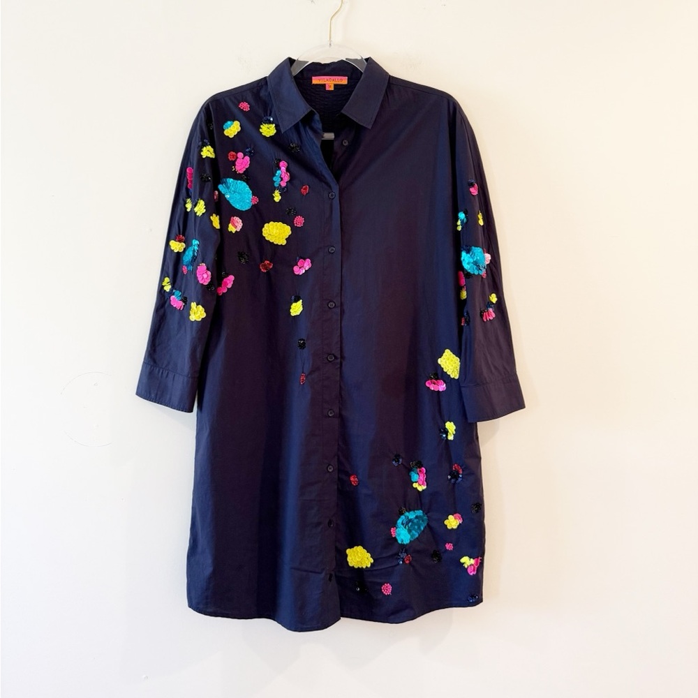 Vilagallo Navy Blue Embroidered Sequin Novelty Cotton Shirt Dress